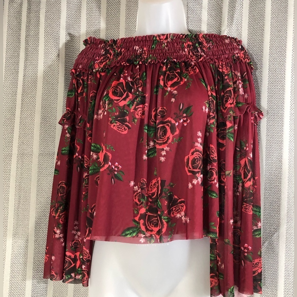 Altar'd State Burgundy Floral Off-Shoulder Blouse